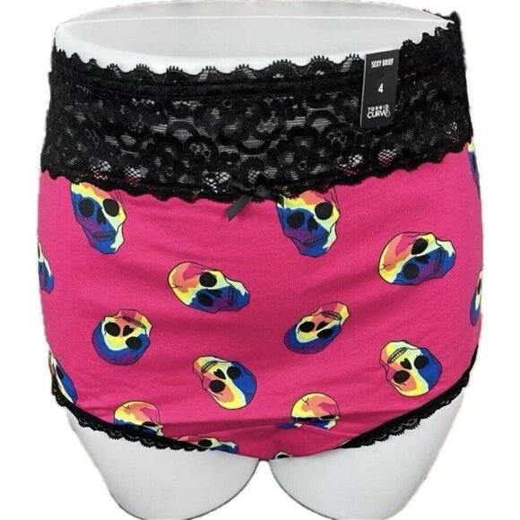 Torrid + 4 Fuchsia Neon Skull Print Scallop Black Lace Waistband Brief Panties - Picture 2 of 6